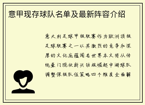 意甲现存球队名单及最新阵容介绍